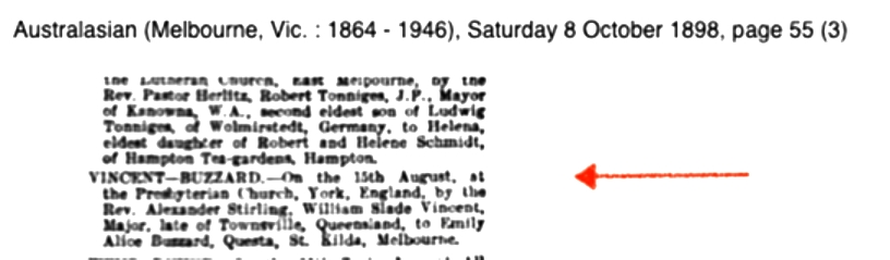 Marriage of Major William Slade Vincent and Emily Alice Buzzard